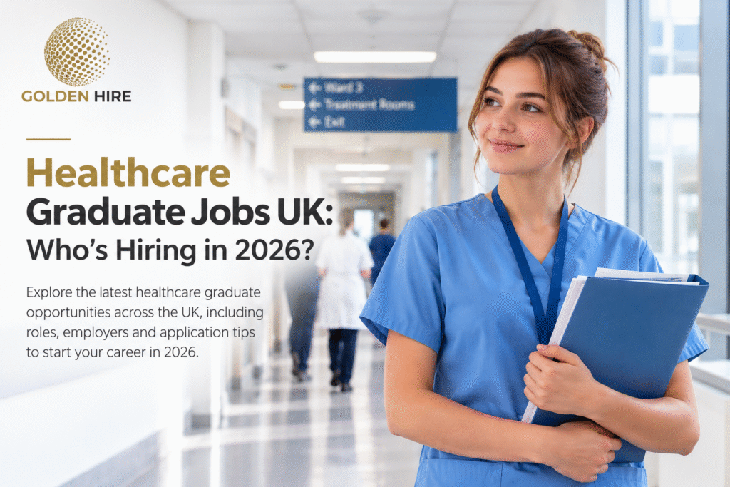 Healthcare Graduate Jobs UK 2026 featuring a young healthcare professional in a modern British hospital, highlighting career opportunities with Golden Hire.