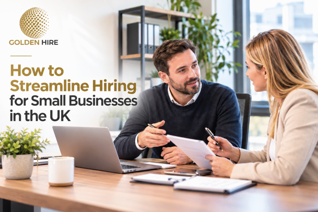 Golden Hire recruitment consultant discussing how to streamline hiring for small businesses in the UK with a business owner.